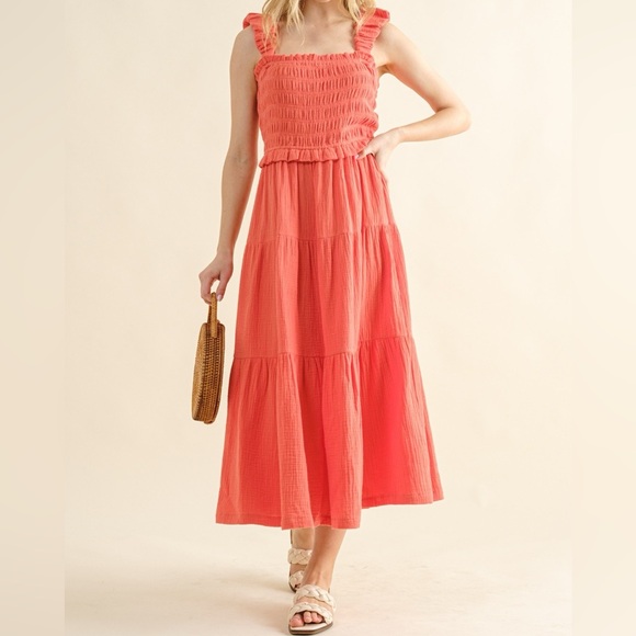 NWT And The Why Coral Pink Smocked Ruffled Tiered Midi Dress - Picture 1 of 4